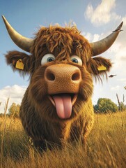 Funny cartoon of a smiling Scottish Highland cow. AI generated