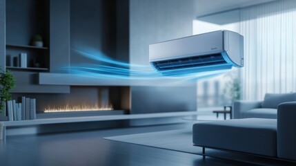 Modern air conditioner in a contemporary living room with airflow visible, providing cooling and air circulation