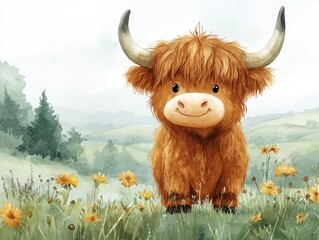 Funny cartoon of a smiling Scottish Highland cow. AI generated