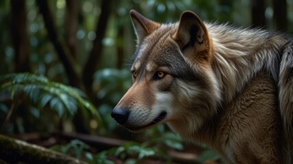 Fototapeta premium A wolf with amber eyes looks intensely at the camera in a dark green forest setting.