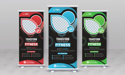 Fitness gym creative standee x rollup banner design vector template retractable bodybuilding advertisement signage