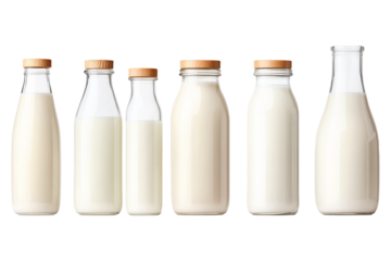 Milk bottles with golden caps aligned in a row, isolated on white background. Concept of dairy products and freshness.