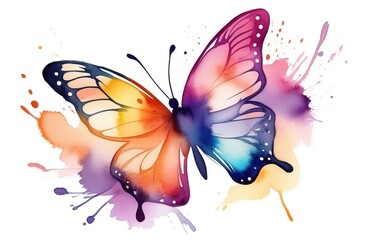Bright colorful butterfly painted by Watercolor, white background, color blots