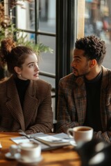 Fototapeta premium Intimate Conversation: Stylish Young Couple Engaged in Deep Discussion at Stylish CafÃ©, Cozy Atmosphere with Coffee and Notebooks, Modern Interiors