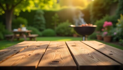 Product placement wooden table, blurred barbeque BBQ backyard background with copy space product display mockup