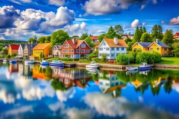 Vibrant Colorful Houses Reflecting on Calm Water Under Bright Blue Sky - Tilt-Shift Photography