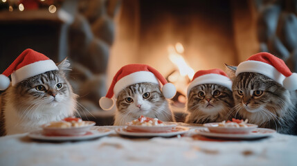 Adorable cats in santa hats celebrating christmas by the cozy fireplace