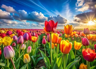 Vibrant Field of Tulips in Bloom - Stunning Landscape Photography for Nature Lovers