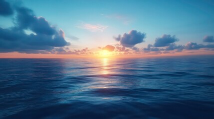 Obraz premium A vibrant sunrise over the calm ocean with a cloudy sky.