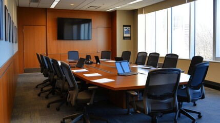 Modern Conference Room with Large Wooden Table, Executive Chairs, and High-Tech AV Equipment, Ideal for Meetings and Collaboration