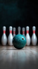 Bowling ball and pins on a wooden floor in a bowling alley with dark background. Sports concept
