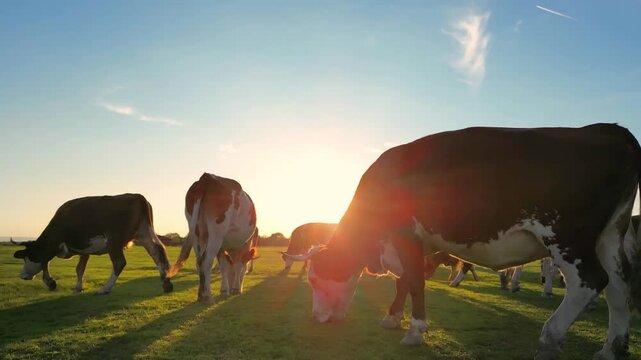 Cows grazing on pasture at sunset, landscape rural scene beautiful sunny day, low angle