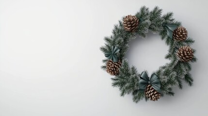Christmas wreath with pinecones and bows on white background. Minimalist holiday decoration with copy space.