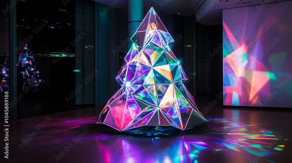 Aufkleber a striking geometric tree installation radiates colorful light in a modern art gallery, creating an 