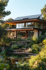 Obraz premium Modern Eco-Friendly Home with Solar Panels Overlooking a Lush Garden and Tranquil Pond, Surrounded by Nature and Serenity in Daylight.