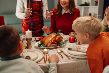 Family enjoying christmas dinner with roasted chicken as main course