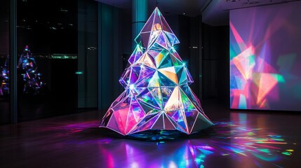 A striking geometric tree installation radiates colorful light in a modern art gallery, creating an engaging visual experience.