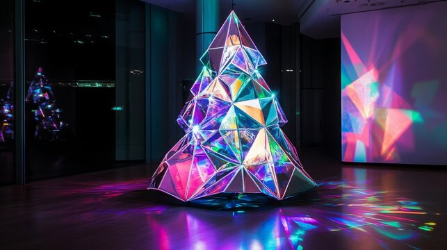 A striking geometric tree installation radiates colorful light in a modern art gallery, creating an engaging visual experience.