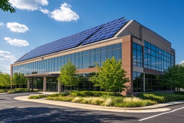 Obraz premium Modern Eco-Friendly Office Building with Solar Panels, Surrounded by Lush Green Landscaping under a Clear Blue Sky - Sustainable Architecture Concept