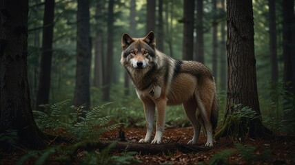 Fototapeta premium A lone wolf stands in a misty forest, its gaze fixed on the camera. The forest floor is covered in leaves and ferns, and the trees are tall and thick. The wolf's fur is 