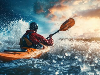 Adventurous kayaker navigating waves at sunset, showcasing vibrant energy and action in nature's thrilling water sport environment.