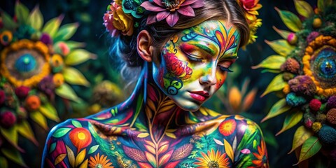 Fototapeta premium Vintage Body Paint Photography Featuring Bold Colors and Intricate Designs on Young Models