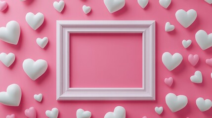 A white frame surrounded by white and pink hearts on a pink background.