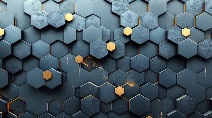 The artwork features a contemporary arrangement of hexagonal shapes in varying shades of dark gray. Some hexagons are highlighted with yellow accents, creating a dynamic and textured visual.