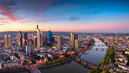 Fototapeta premium High resolution aerial panoramic view of Frankfurt, Germany after sunset