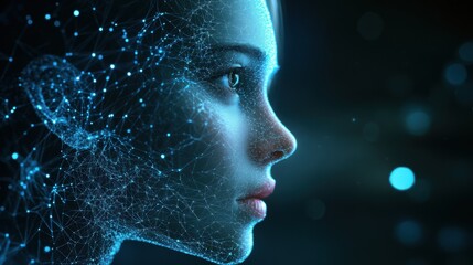 Close-up digital profile of a woman face with glowing network connections.