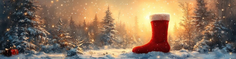 Giant red Christmas stocking in a snowy forest, glowing under golden twilight, surrounded by festive magic and sparkling snowflakes.