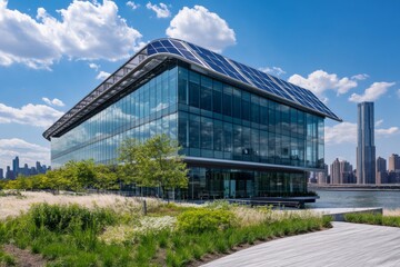 Modern Sustainable Architecture: Eco-Friendly Glass Building with Solar Panels and Scenic Waterfront Views Under a Bright Blue Sky