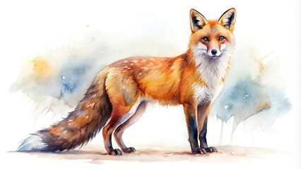 Fototapeta premium watercolor painting, red fox, white background, asymmetrical