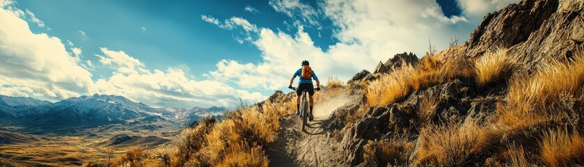 Fototapeta premium Cyclist explores rugged mountain trail under dramatic skies, showcasing adventure and nature's beauty.
