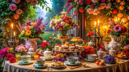 Vintage Fantasy Food Photography with Flowers for a Whimsical Table Setting