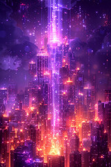 Fototapeta premium A stunning futuristic city skyline showcases towering buildings glowing in shades of purple and orange against a dark night backdrop. Light beams rise into the sky, creating a magical atmosphere.