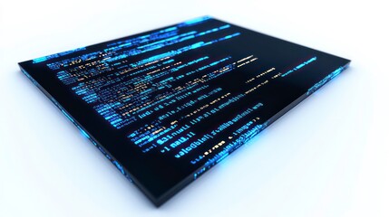 A close-up of a computer screen displaying a lines of code in a blue neon color on a black background, against a white background.