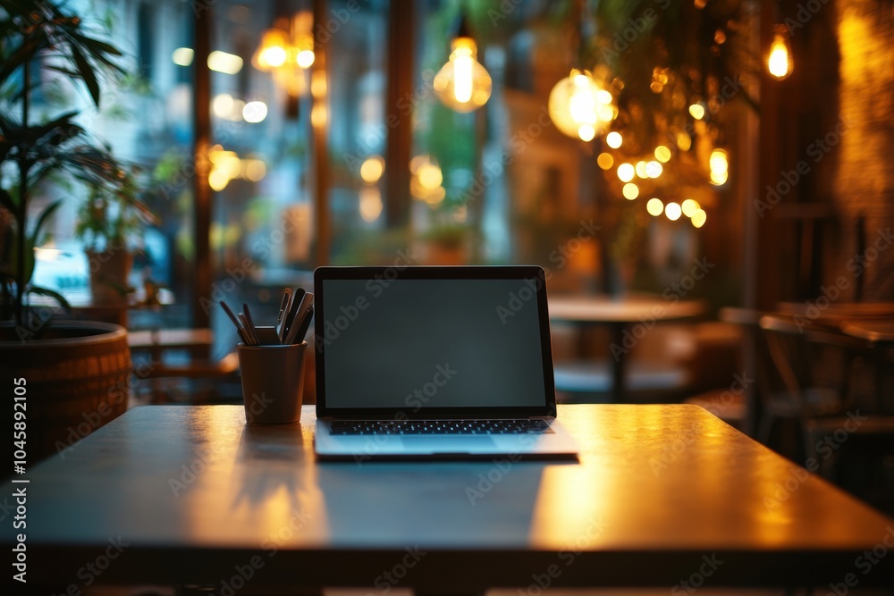 Leinwandbilder A laptop sits on a table in a café, illuminated by warm lights and surrounded by plants, creating a serene working atmosphere in the evening. Generative AI