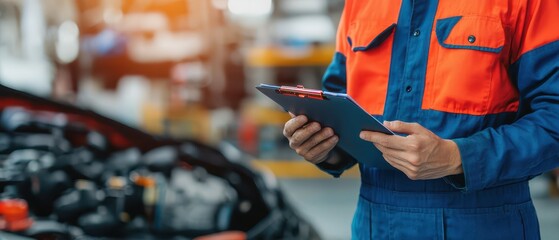 Mechanic holding a tablet in an auto repair shop with vehicle in background.
