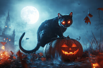 A black cat with glowing eyes perched on a pumpkin. Halloween background.