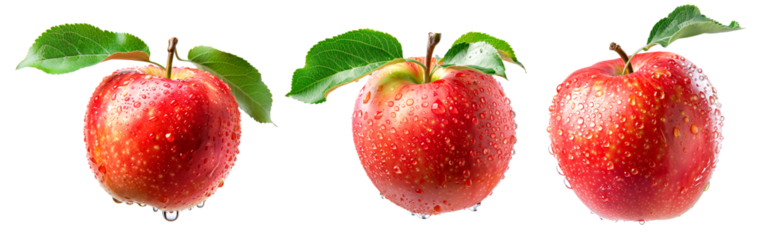 A fresh red apple with dew drops and leaves isolated on white background.