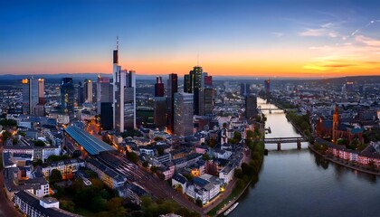Obraz premium High resolution aerial panoramic view of Frankfurt, Germany after sunset