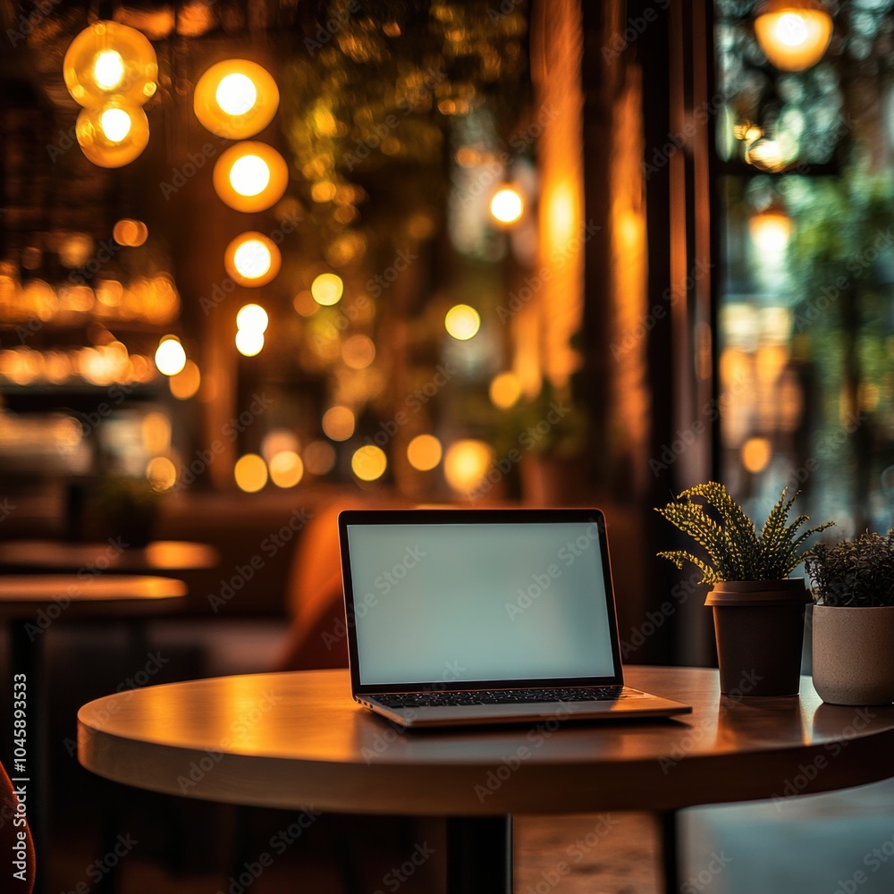 Aufkleber a laptop rests on a wooden table in a cozy café, illuminated by warm lights and greenery, creating a