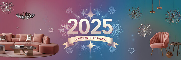 Pink and silver living room furniture with New Year 2025 celebration theme   