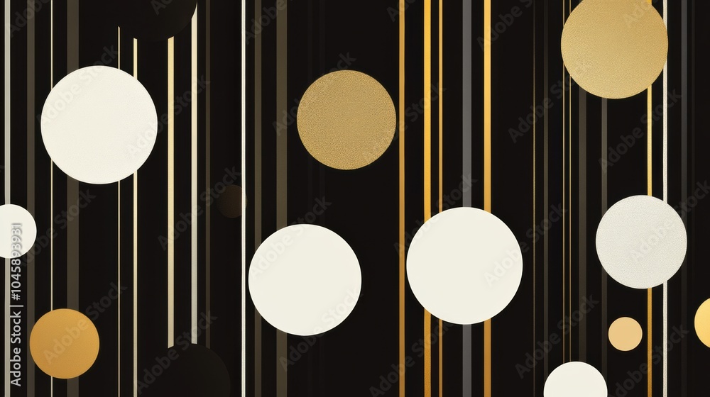 Poster An abstract composition showcases an array of circles and vertical lines in gold, white, and black, creating visual interest and depth. Generative AI