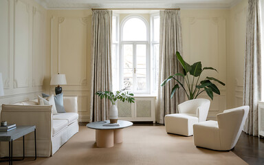 White living room interior design with beige curtains and a large window   Modern minimalist home decor 