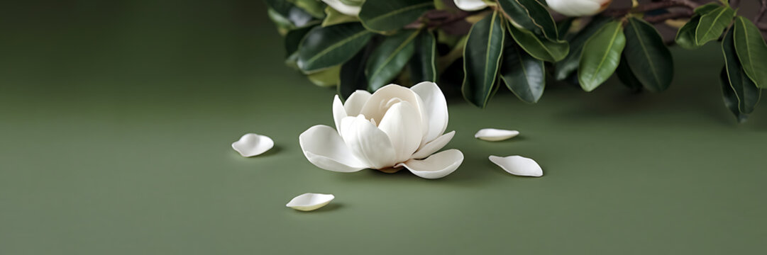 White magnolia flower and green leaves on a green background  spring floral design  delicate beauty and serenity   