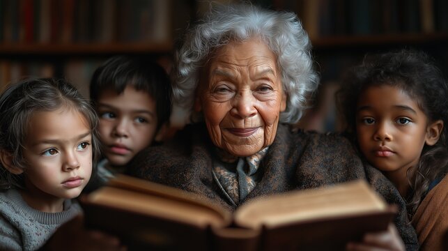 Elderly African American grandmother reading to three multiracial children in a cozy library, ideal for family-focused blogs, intergenerational connection campaigns, or education-related promotions. W
