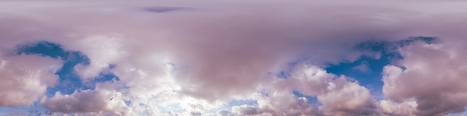Sunset sky with bright glowing pink Cumulus clouds. Seamless spherical HDR 360 panorama. Full zenith or sky dome in 3D, sky replacement for aerial drone panoramas. Climate and weather change.