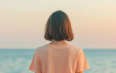 Obraz premium Person gazing at the ocean during sunset, reflective and peaceful moment.